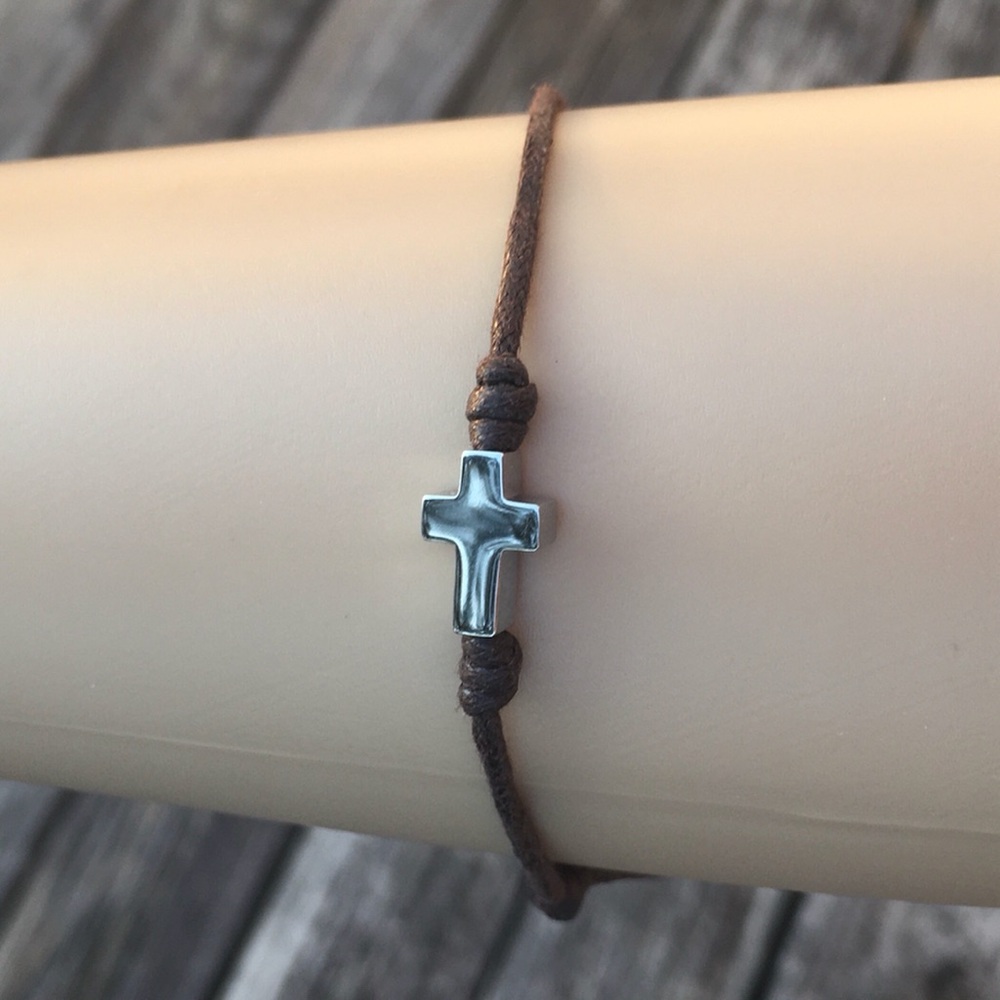 TOUS Brown Cord Bracelet with Stainless Steel Silver Cross Charm, Men Accessory